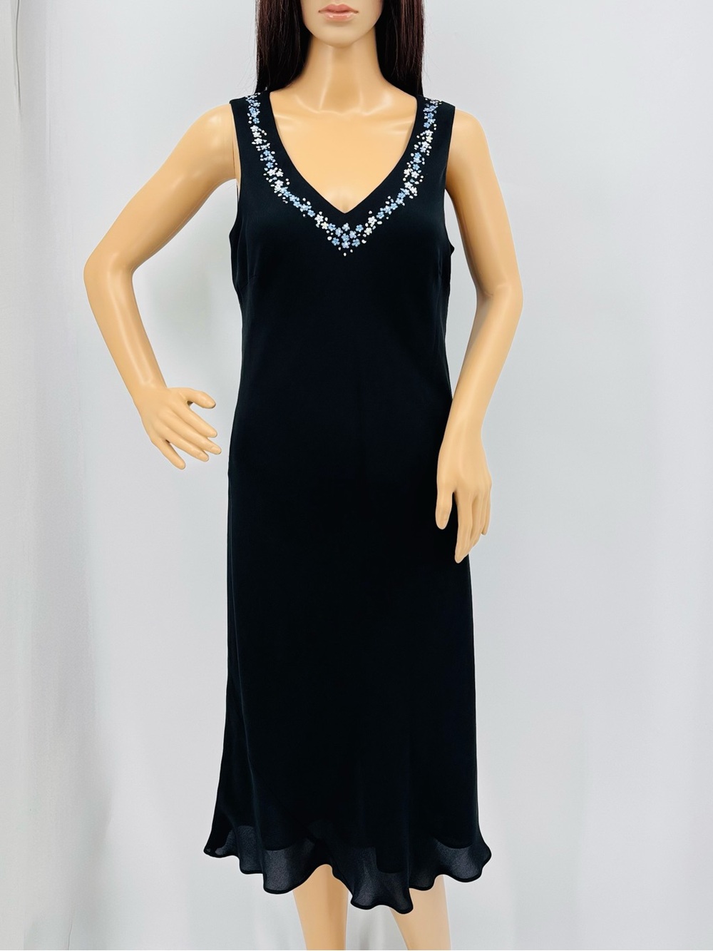 Vintage 90s Fairycore Whimsigoth Silk Embroidered Bias Cut Black Slip Dress